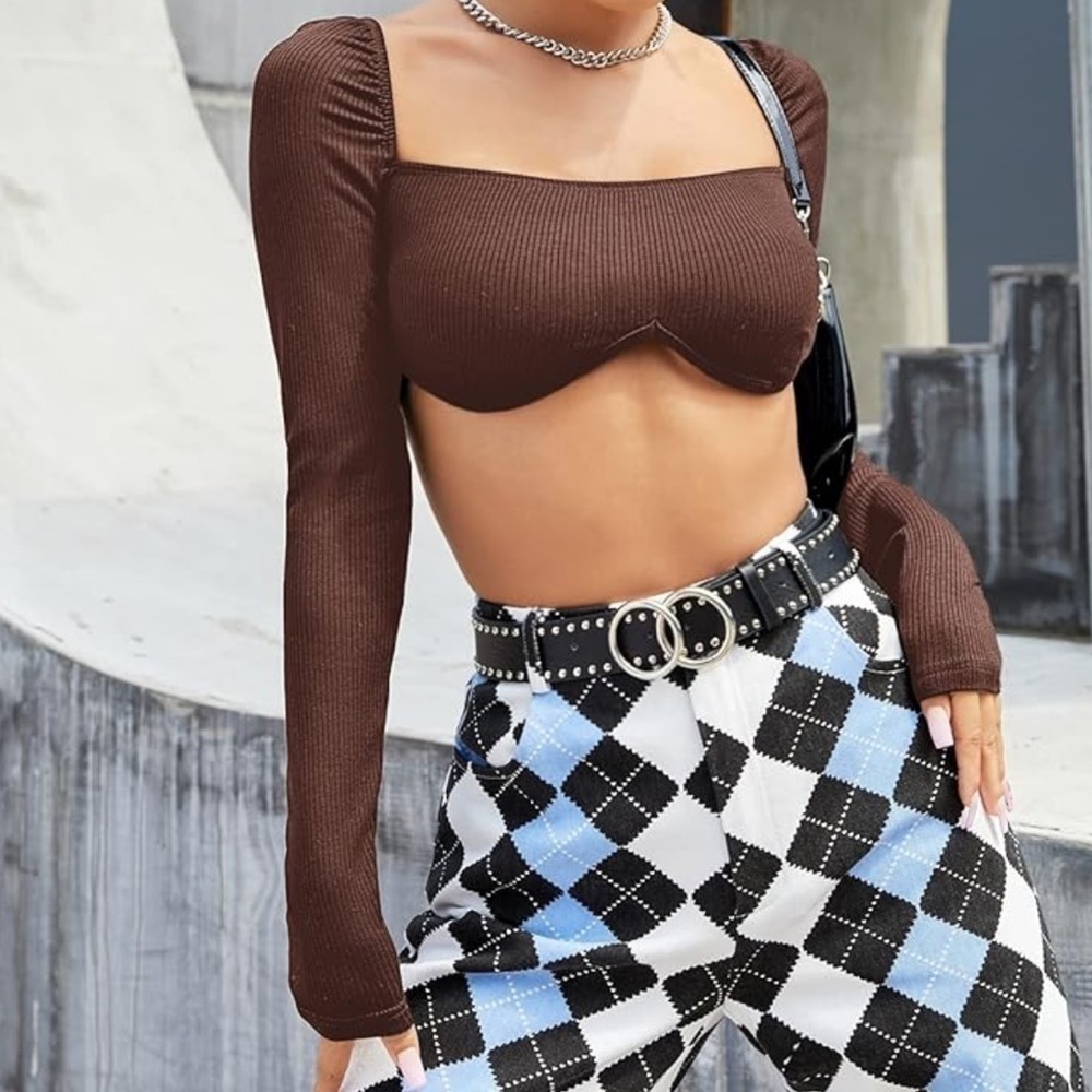Brown Ribbed Cropped Long Sleeve